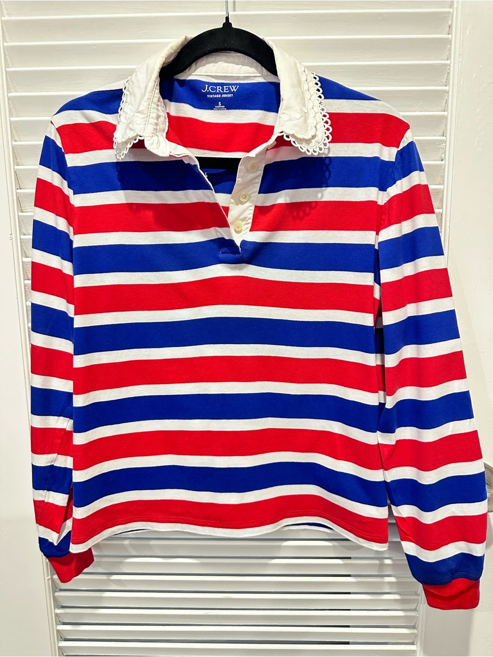 J. Crew Women’s, Red, White & Blue Striped Long-Sleeve Cropped Polo Top